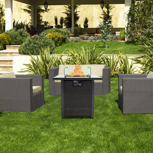 English Elm Outdoor Fire Pit 50,000 BTU Propane Gas Fire Table with Wicker Base, Glass Wind Guard, Lid, Patio Warmer Brown+Black W213P266089