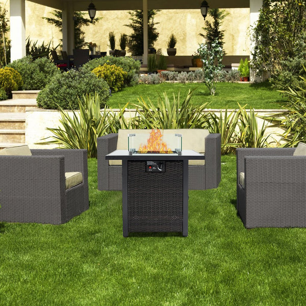 English Elm Outdoor Fire Pit 50,000 BTU Propane Gas Fire Table with Wicker Base, Glass Wind Guard, Lid, Patio Warmer Brown+Black W213P266089