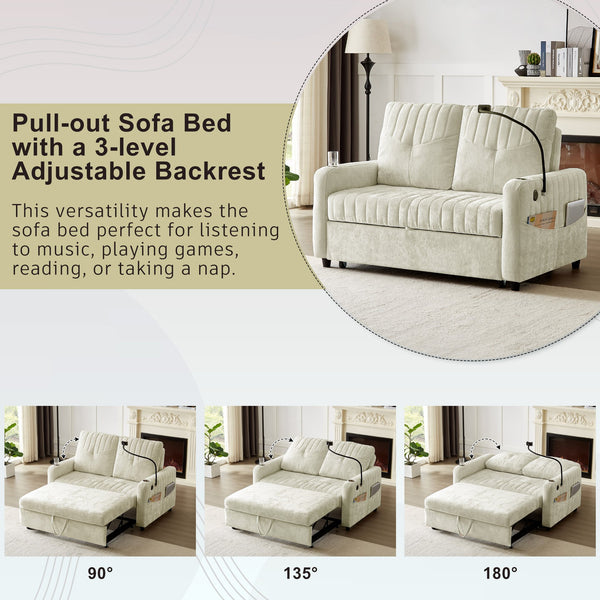 English Elm 53.9" Modern Loveseat Pull-Out Sofa Bed with Adjustable Backrest, Cup Holders, USB Charging Ports & Storage Beige N719S001650A