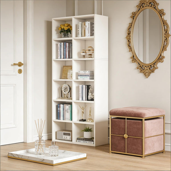 English Elm Compact Six Tier Bookcase with 12 Open Cubes for Slim Vertical Home Office Storage T3971P458123