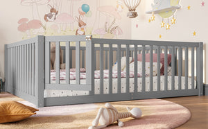 English Elm Twin Floor Bed Pine Wood Frame with Guardrails and Door for Safe Toddler Sleep Gray W1580P418052