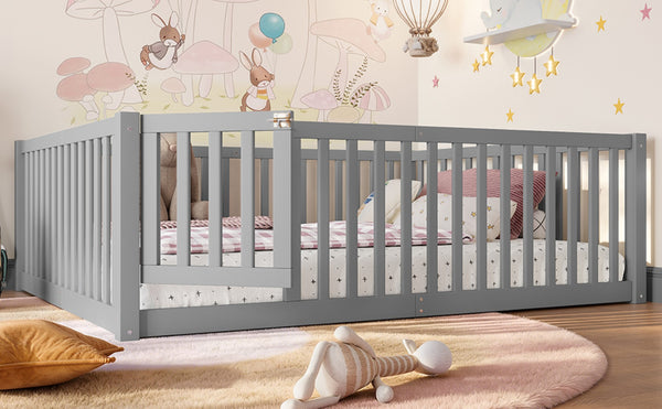 English Elm Twin Floor Bed Pine Wood Frame with Guardrails and Door for Safe Toddler Sleep Gray W1580P418052