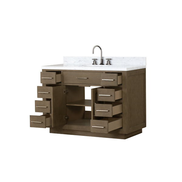 English Elm Grey Oak Single Bath Vanity 48" W With Carrara Marble Top, Polished Chrome Faucet & Ample Storage B2731P257708