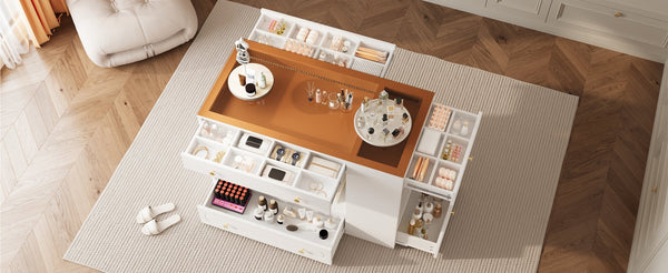 English Elm Closet Elegant walk-in island with glass display top, 6 drawers and open shelves for organized storage White 39.76 L x 17.32 W x 12.2 H N733S304513K