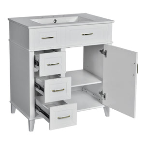 English Elm 30-Inch Bathroom Vanity with Ceramic Sink, Gold Handles, Solid Wood Frame and Soft-Close Drawers White N729P195052K