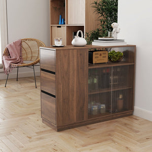 English Elm Kitchen Small Sideboard Countertop Organizer with 2 Glass Sliding Doors, 3 Drawers & Display Shelf, Compact Storage Solution for Kitchen Living Room Office (43.7x17.32x9.84) W331P289098