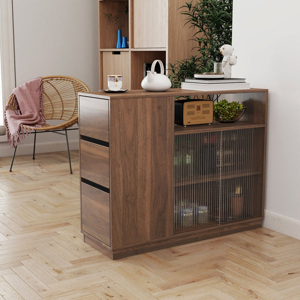 English Elm Kitchen Small Sideboard Countertop Organizer with 2 Glass Sliding Doors, 3 Drawers & Display Shelf, Compact Storage Solution for Kitchen Living Room Office (43.7x17.32x9.84) W331P289098