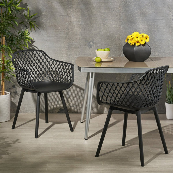 English Elm Poppy Outdoor Dining Chairs Set of 2 Diamond Mesh Geometric Modern Patio Seating Black N776P414399B