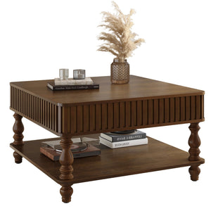 English Elm 31.5 Lift-Top Coffee Table with Hydraulic Raise, Fluted Wood Slats, Hidden Compartment & Shelf Walnut Brown W1445P355641