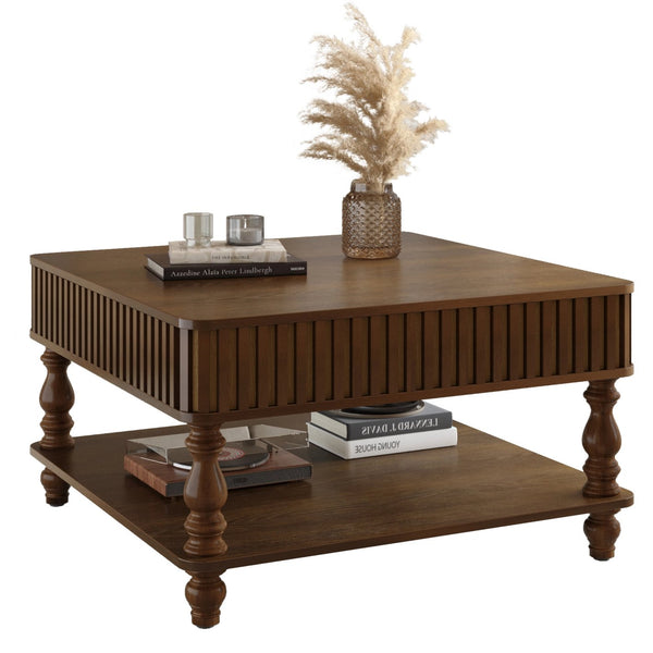 English Elm 31.5 Lift-Top Coffee Table with Hydraulic Raise, Fluted Wood Slats, Hidden Compartment & Shelf Walnut Brown W1445P355641