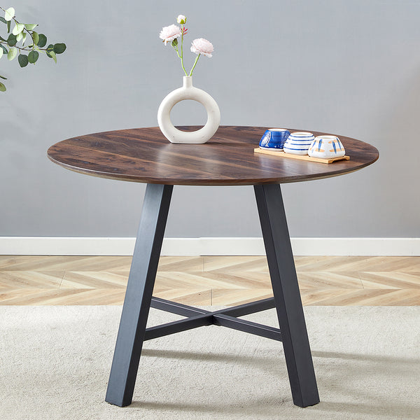 English Elm Modern 42" Round Dining Table - Dark Walnut MDF Grain Top, Black Metal Cross Legs, Sturdy 29.5" Height W1512P389447