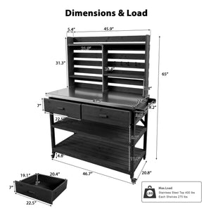 English Elm K&K 64.9" Outdoor Potting Bench with 1.2" Stainless Steel Top, Lockable Wheels, Hutch & Drawers Black N707P228274B