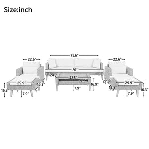 English Elm <old Old Sku Pe Wicker Six Piece Patio Conversation Set Acacia Wood Cushioned Outdoor Sofa Gray+Beige N704G201219A