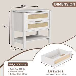 English Elm Rattan Front Boho Coastal Nightstand with Gold Pulls Open Shelf and Woven Drawer Accents White T3210P471548