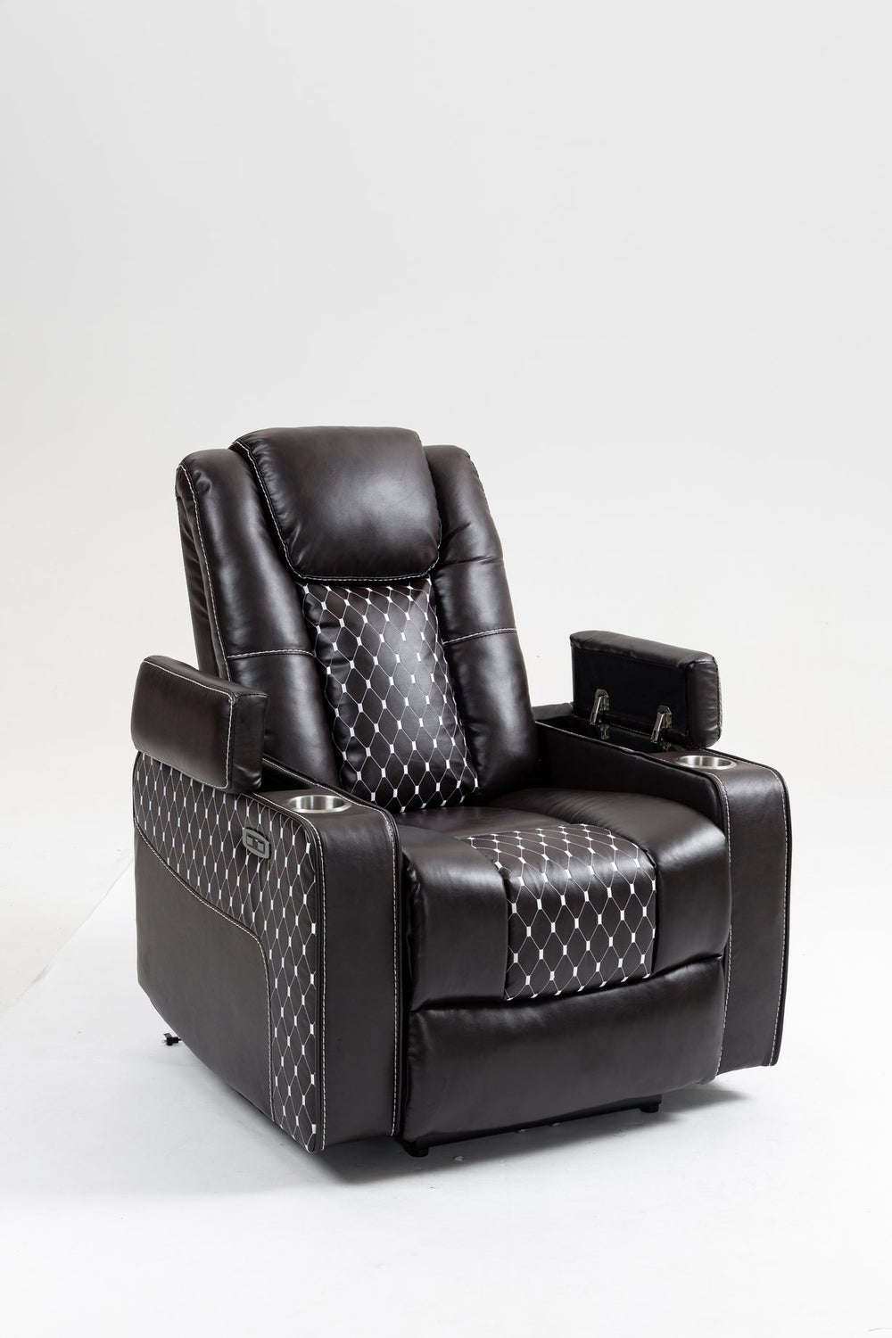 English Elm Lounge PU Leather Power Lift Recliner with Wireless Charging, Cup Holder, Side Pockets, Infinite Recline Brown W547P190591