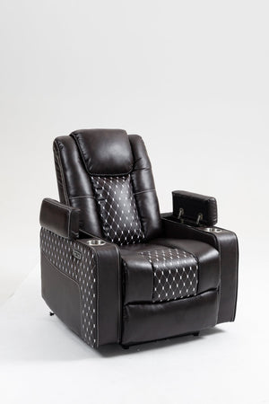 English Elm Lounge PU Leather Power Lift Recliner with Wireless Charging, Cup Holder, Side Pockets, Infinite Recline Brown W547P190591