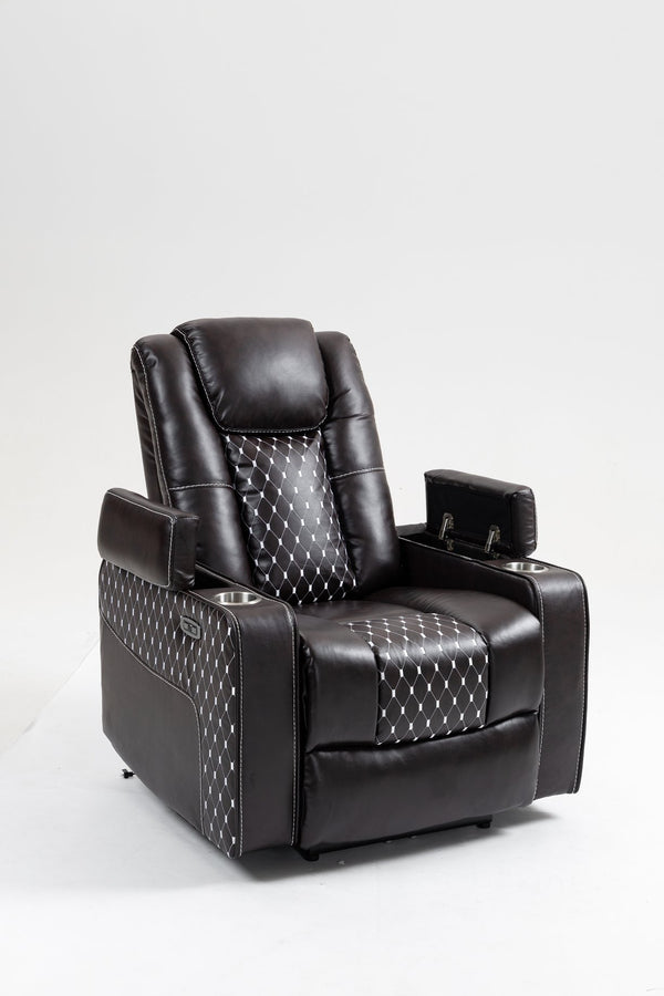 English Elm Lounge PU Leather Power Lift Recliner with Wireless Charging, Cup Holder, Side Pockets, Infinite Recline Brown W547P190591
