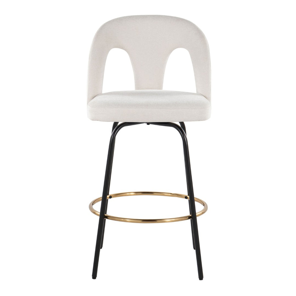 English Elm Fixed-height Swivel Counterstools with White Upholstery Gold Footrest Set of 2 B202S01784