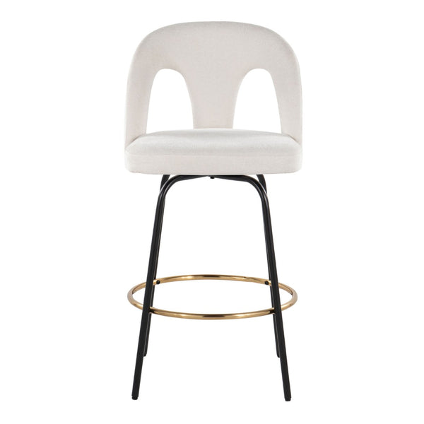 English Elm Fixed-height Swivel Counterstools with White Upholstery Gold Footrest Set of 2 B202S01784