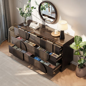 English Elm Modern Fluted 6 Drawer Dresser with Solid Wood Legs Japandi Chest for Bedroom Dark Brown N739S0000013D