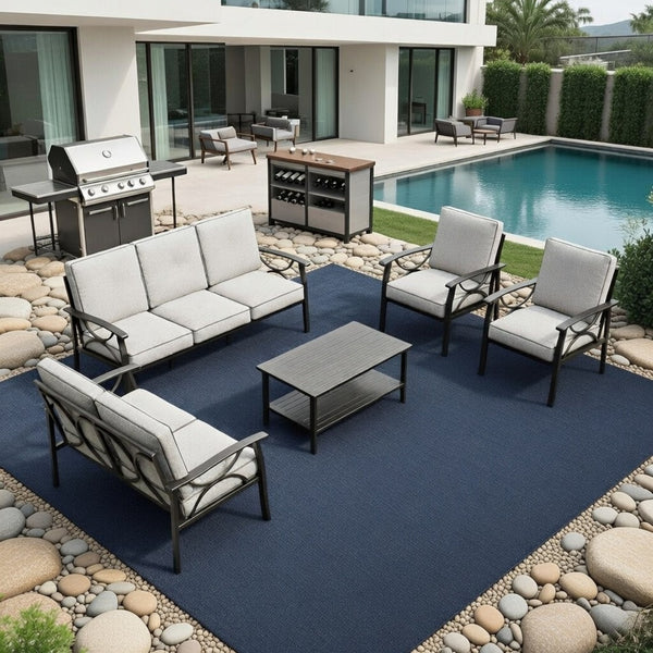 English Elm 5-piece Outdoor Conversation Set Steel Frame Patio Sofa Loveseat Chairs Table Grey+Black B082S00132