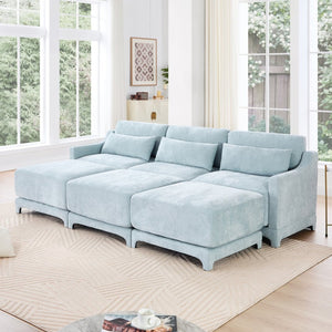 English Elm Three Elegant Sky-Blue Chenille Sofa With 3 Movable Ottomans & Lumbar Pillow For Versatile Comfort W714S01209-GIGA