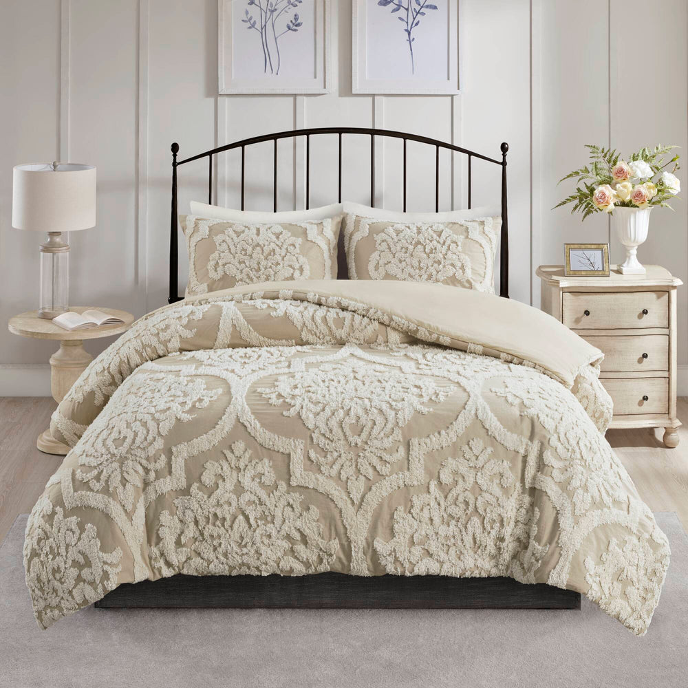 JLA Home Madison Park - 3 Tufted Cotton Chenille Damask Comforter Set — Cozy cottage texture, breathable 100% cotton, OEKO-TEX certified elegance 90 L x 90 W x 1.5H MP10-7102