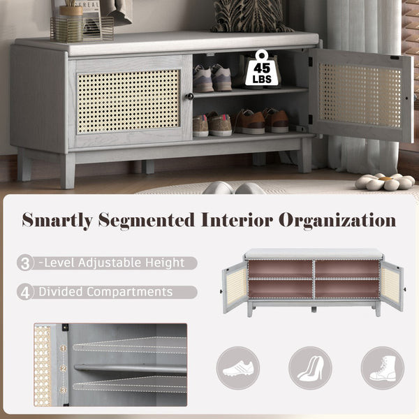 English Elm Trexm Bohemian Rattan Storage Bench Cushioned Seat Shoe Cabinet for Entryway Beige,Gray Wash N715P308012E