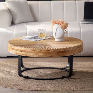 English Elm Modern Round Pine Coffee Table with Carved Wood Top and Sleek Metal Legs for Stylish Living Spaces Natural+Black W757P186923