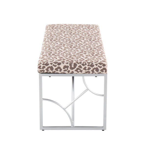 English Elm Constellation Silver Metal Bench with Beige Leopard Fabric Upholstery — Modern 2-Seat Accent Piece B202S01139