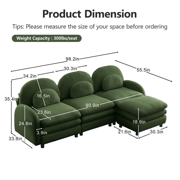 English Elm Teddy Fleece Modular Cloud Sofa Plush Curved Sectional with Ottoman for Living Room Green W5656S00083
