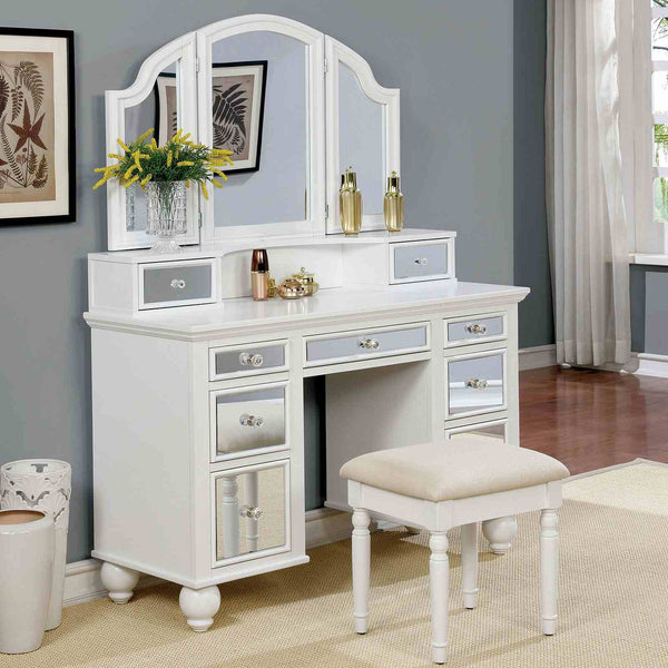 English Elm White Glam Vanity Set with Stool and Tri-Fold Mirror, Shimmer Inserts, Upholstered Stool, Drawers B2741P400818