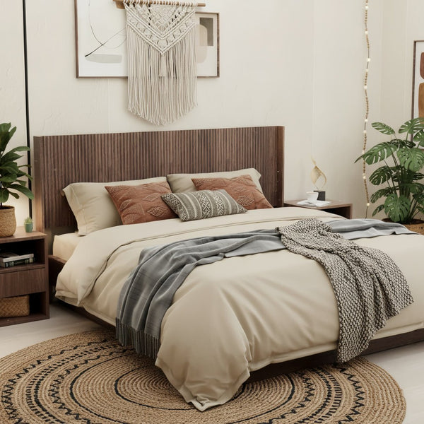 English Elm Modern Fluted Wood Panel King Headboard Wall Mounted Wingback Walnut Bedroom Accent W3520P383461