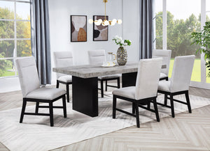 English Elm 5pc Dining Set with Luxurious Marble-Look Rectangular Table and Dark Base, Upholstered Comfort Chairs Light Gray,White 43.5 L x 76.5 W x 6 H B2741S00525