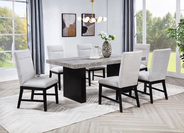 English Elm 5pc Dining Set with Luxurious Marble-Look Rectangular Table and Dark Base, Upholstered Comfort Chairs Light Gray,White 43.5 L x 76.5 W x 6 H B2741S00525