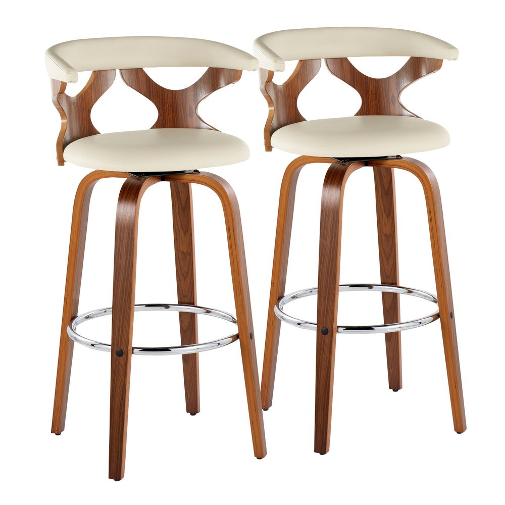 English Elm Gardenia Mid-Century 30" Barstool Set of 2 — Walnut Legs, Cream Faux Leather, Swivel & Chrome Footrest B202S00581
