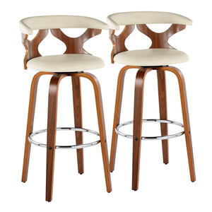 English Elm Gardenia Mid-Century 30" Barstool Set of 2 — Walnut Legs, Cream Faux Leather, Swivel & Chrome Footrest B202S00581
