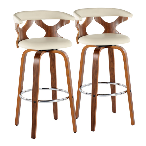 English Elm Gardenia Mid-Century 30" Barstool Set of 2 — Walnut Legs, Cream Faux Leather, Swivel & Chrome Footrest B202S00581