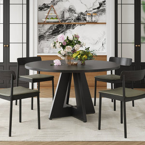 English Elm 47" Round Wood Dining Table Seats Six with Industrial Metal Base for Modern Homes Black T3623P433916