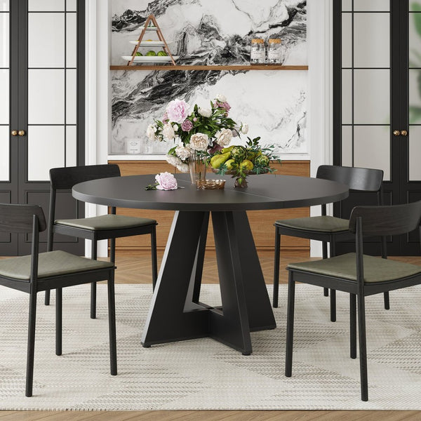 English Elm 47" Round Wood Dining Table Seats Six with Industrial Metal Base for Modern Homes Black T3623P433916