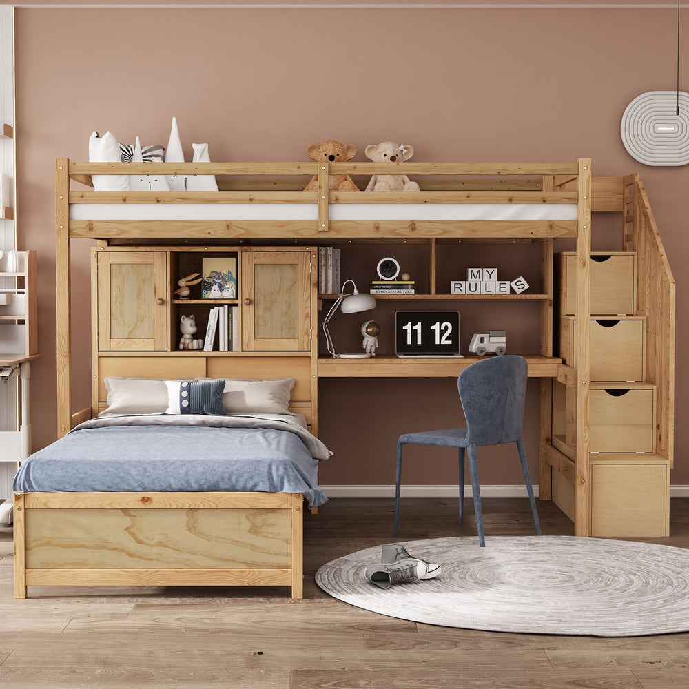 English Elm Twin Over Twin Loft Bed with Built-In Desk, Stairs, Shelving and Storage Headboard for Space-Saving Rooms Natural GX000465AAN