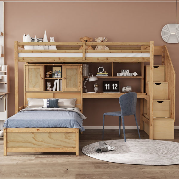 English Elm Twin Over Twin Loft Bed with Built-In Desk, Stairs, Shelving and Storage Headboard for Space-Saving Rooms Natural GX000465AAN