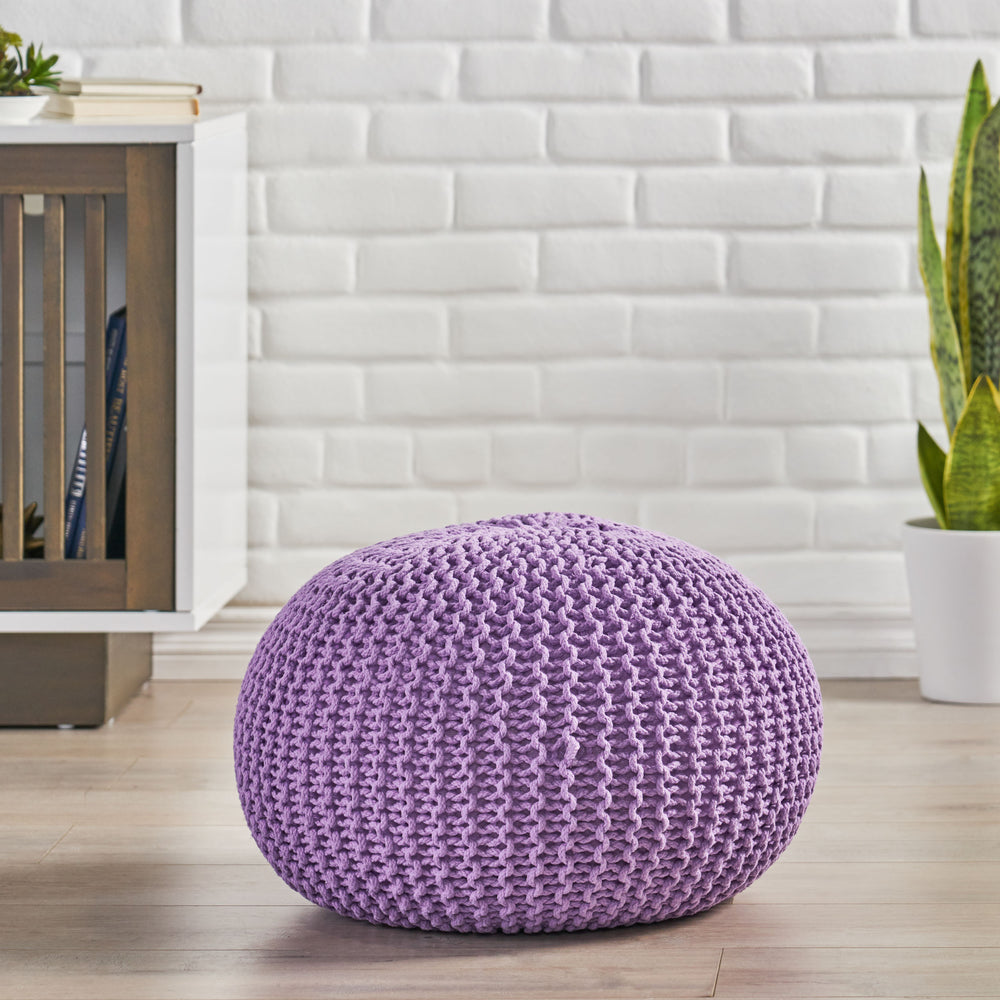 English Elm Christopher Knight Home® - KNITED Pouf Ottoman in Lavender Purple Cotton — Cozy Knit Accent Seat, Soft Durable 20.75x13.5" 62653.00LAV