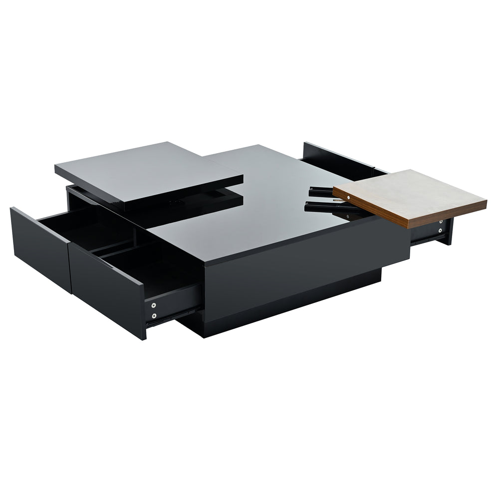 English Elm VIBE Movable Top Coffee Table with Dual Color Squares, High Gloss Modern Square Table, 4 Drawers WF324734AAB
