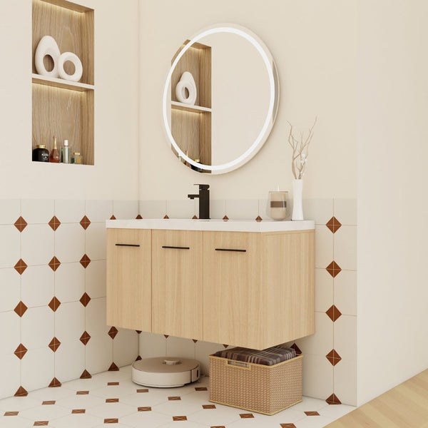 English Elm 36" Floating Bathroom Vanity Light Oak Modular Cabinet with Gel Coat Integrated Sink W3450S00076