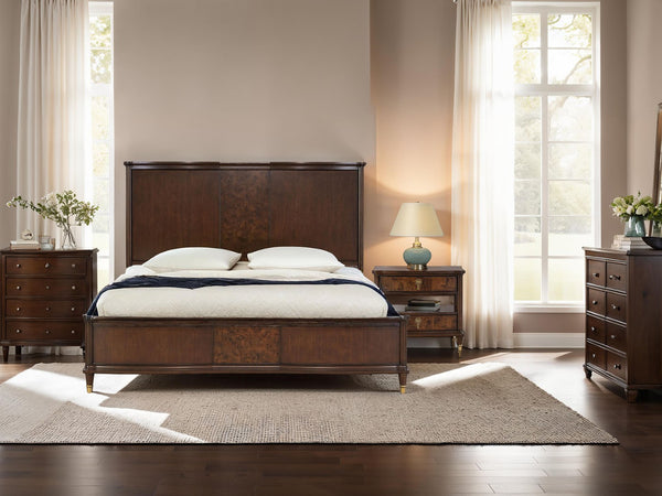 English Elm Transitional Eastern King Panel Bed Rubberwood Burl Veneer Gold Accent Feet B2741S00796