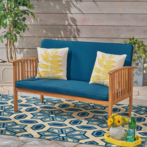 English Elm Christopher Knight Home® - CASA Acacia Loveseat with Waterproof Fabric Cushions Rustic Acacia Frame, Open Slat Patio Seating Comfort Brown+Teal 63308.00DT