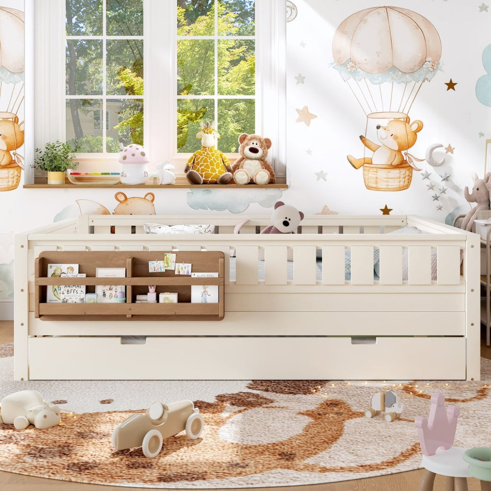 English Elm Queen Bunk Bed with Trundle Solid Pine Kids Car Themed Frame Built-in Bookshelf Beige W1580S00562