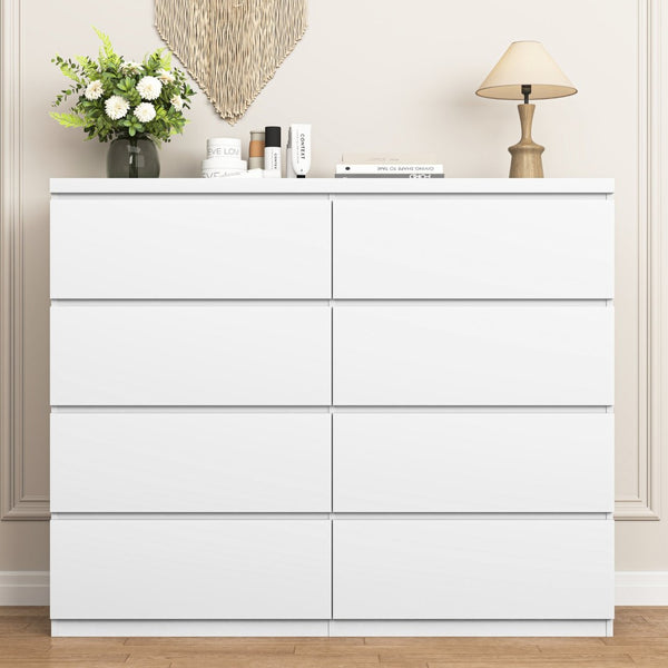 English Elm 8 Drawer Tall Chest Slim Particleboard Build Smooth Gliding Storage for Bedroom Closet White W409S00030