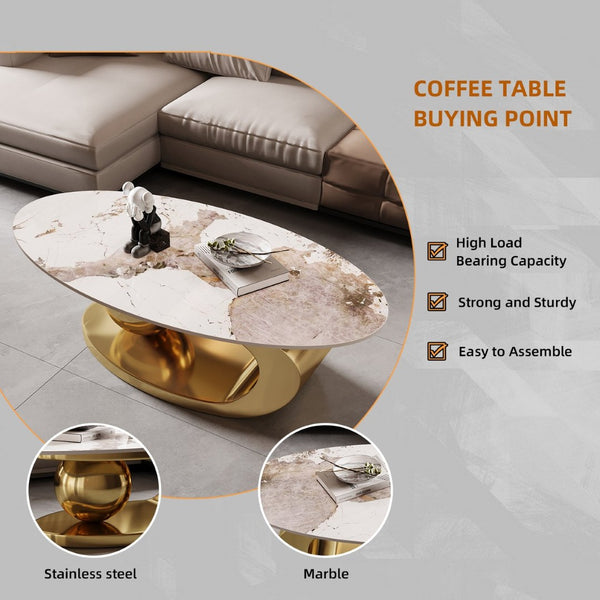 English Elm Gold Pedestal Coffee Table with Sintered Stone Marble Top for Modern Living Rooms W3985S00020